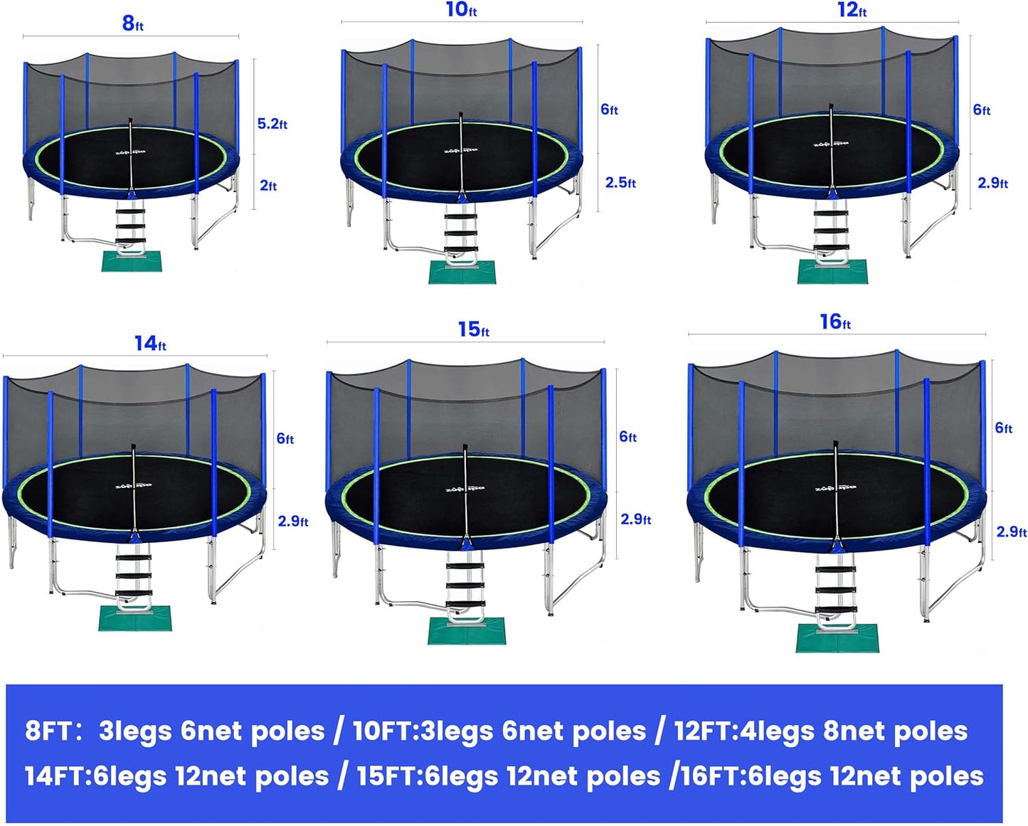 1800LBS Capacity No-Gap Design 16 15 14 12 10FT Trampoline with Safety Enclosure Net and Non-Slip Ladder 10-Year Quality Assurance Perfect for Kids Family Outdoor Backyard Fun
