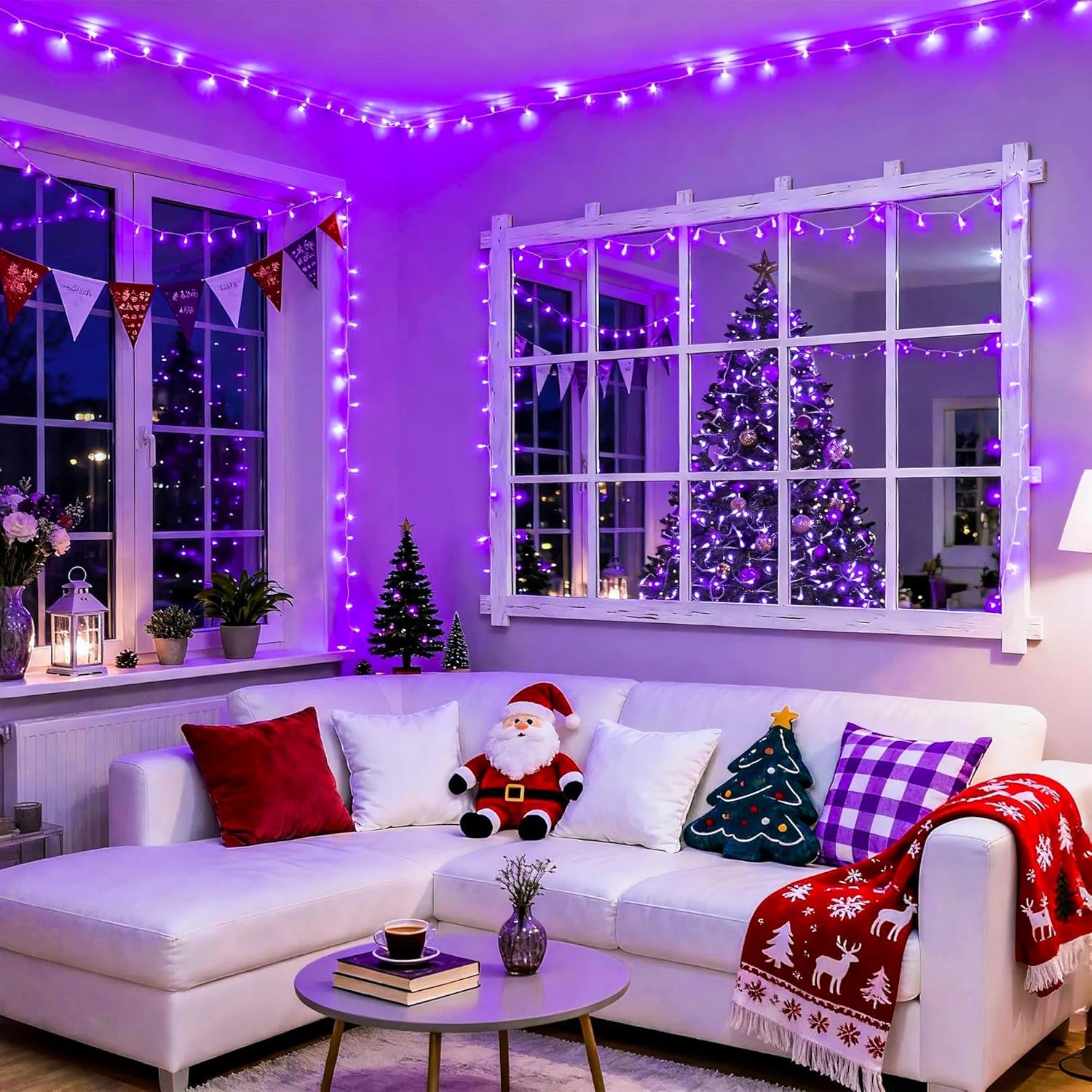 Connectable 100 LED Purple Christmas Lights Indoor, 8 Modes Plug in Purple String Lights Clear Wire, 33Ft Christmas Tree Light Outdoor for Xmas Tree, Garden, Bedroom