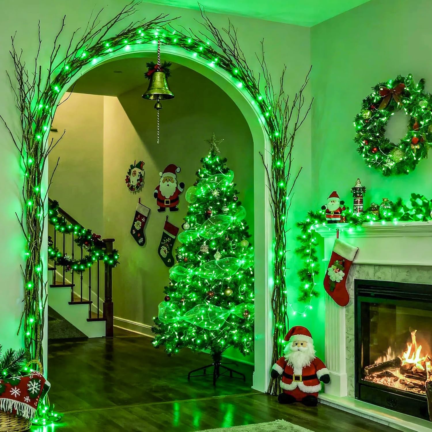 Connectable 100 LED Green Christmas Lights, 8 Modes Plug-In Green Lights Indoor, 33Ft Clear Wire Grinch Twinkle String Light Outdoor for Grinch Christmas Tree Xmas Decor