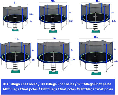 1800LBS Capacity No-Gap Design 16 15 14 12 10FT Trampoline with Safety Enclosure Net and Non-Slip Ladder 10-Year Quality Assurance Perfect for Kids Family Outdoor Backyard Fun