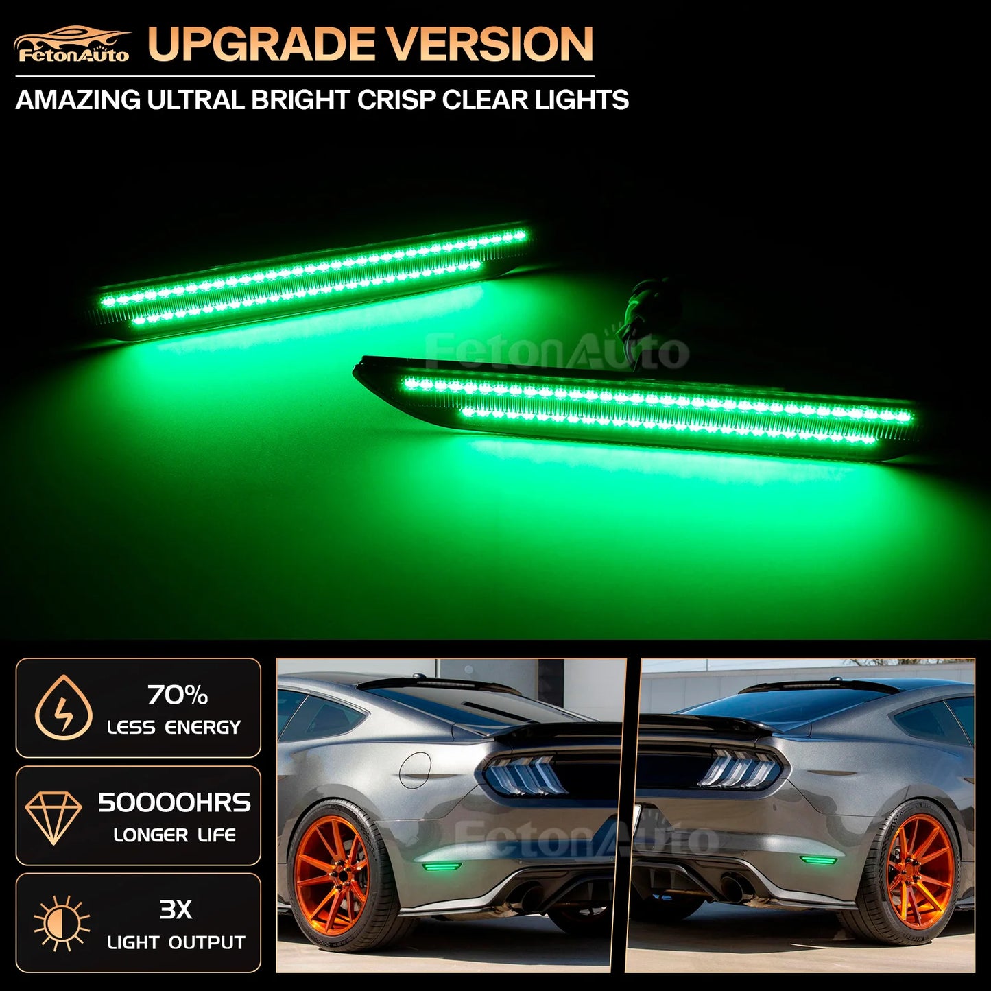 2pcs Smoked Green LED Car Rear Bumper Turn Signal Side Marker Light for Ford Mustang2015 2016 2017 2018 2019 2020 2021 2022 2023