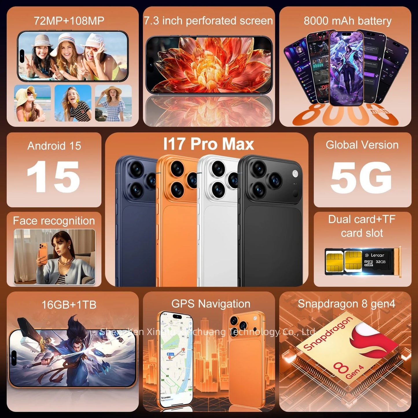 I17 ProMax 5g Smartphone Beautiful Selfie Camera 7.3-Inch HD Deca Core High-Performance 90Hz 108MP French Visual Feast