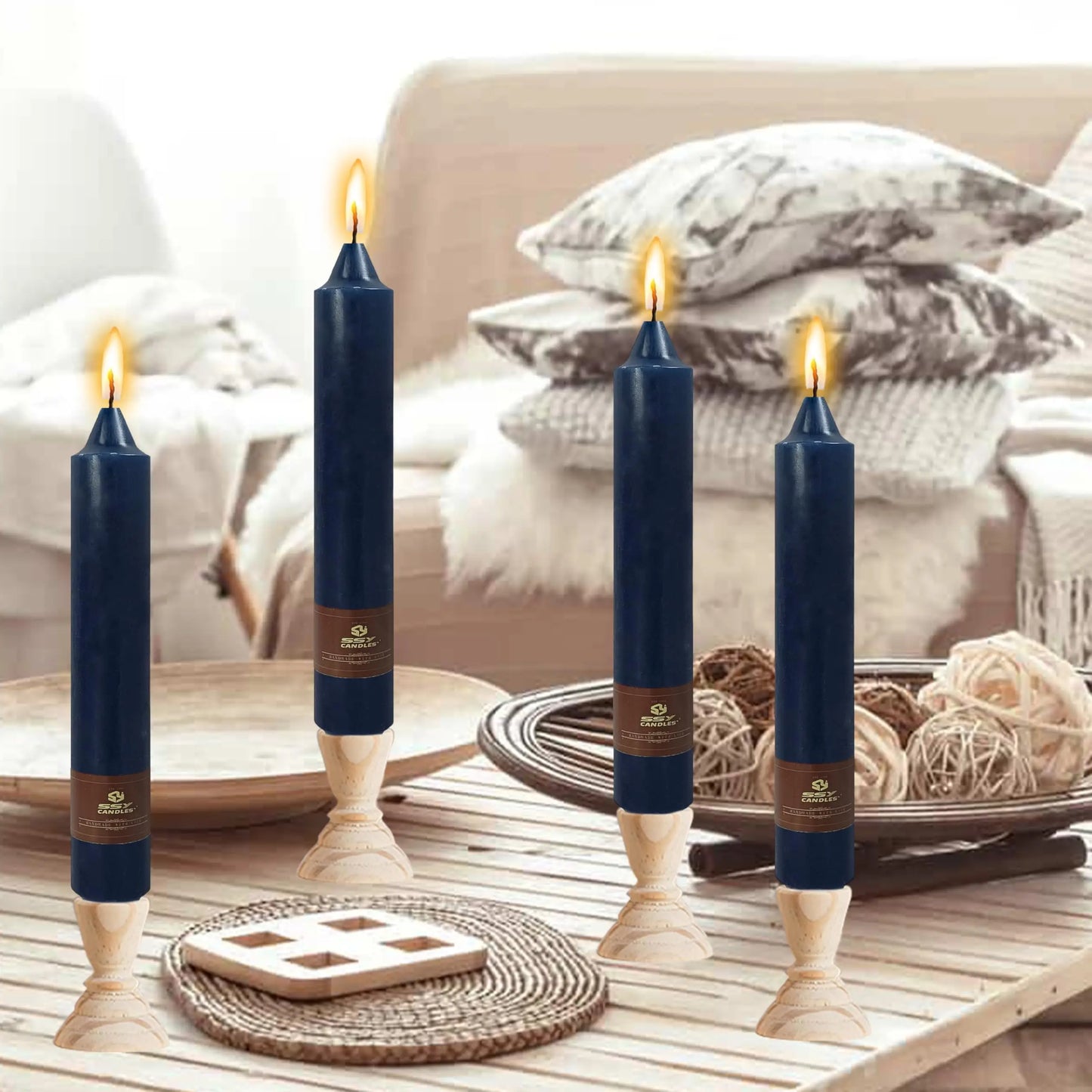 9 Inch Pillar Candle Candlesticks Unscented Dripless Dark Blue Tapered Candle Set for Halloween Thanksgiving Home Decor, 4 Pack