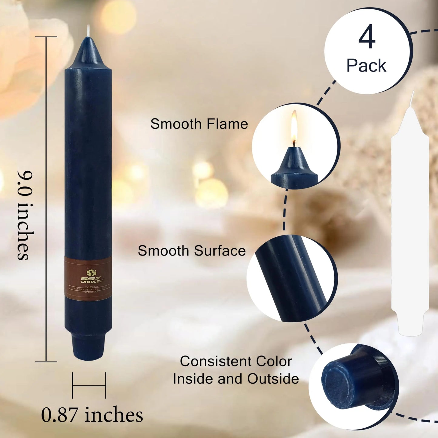 9 Inch Pillar Candle Candlesticks Unscented Dripless Dark Blue Tapered Candle Set for Halloween Thanksgiving Home Decor, 4 Pack