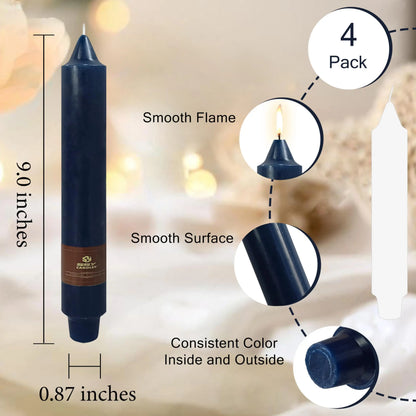 9 Inch Pillar Candle Candlesticks Unscented Dripless Dark Blue Tapered Candle Set for Halloween Thanksgiving Home Decor, 4 Pack
