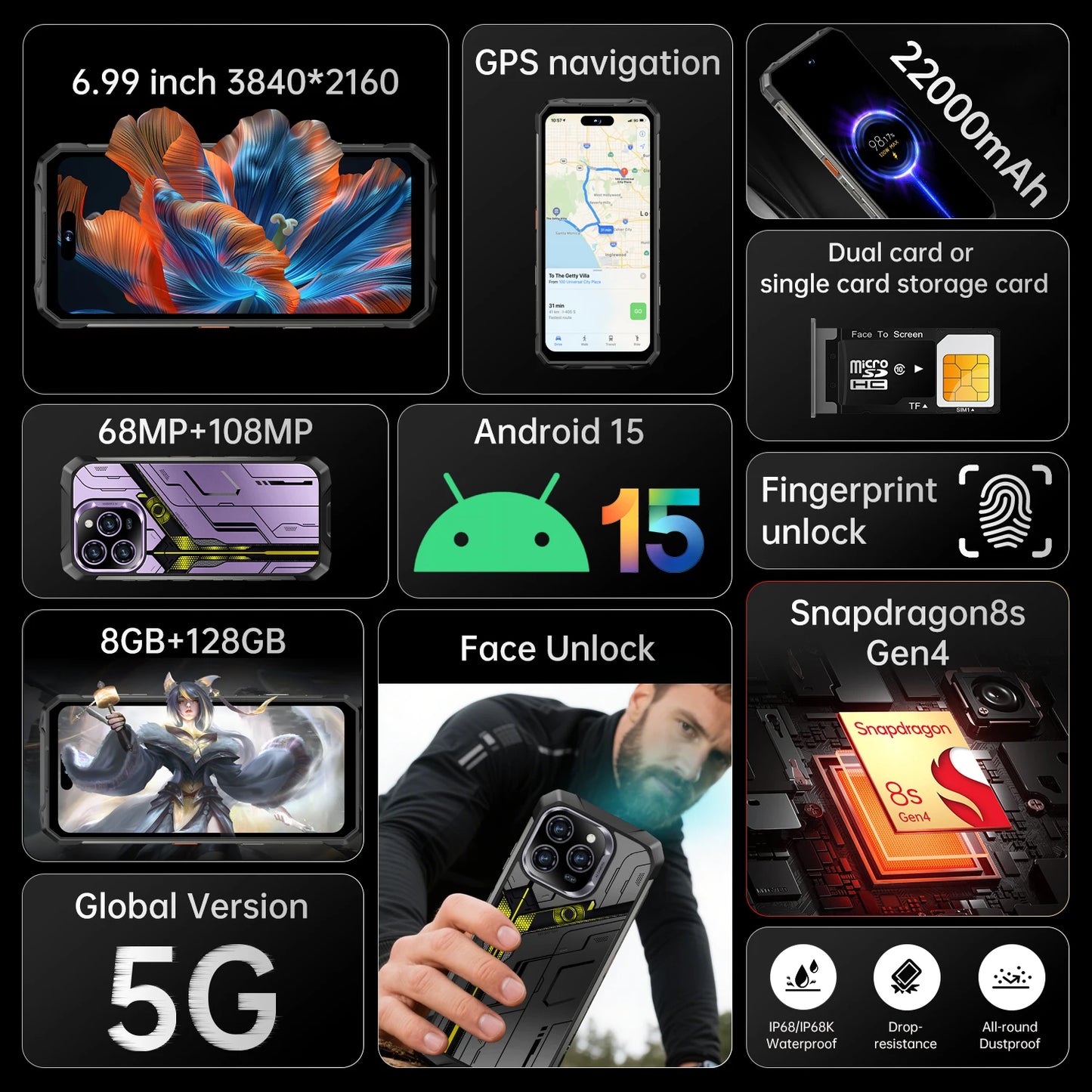 2025 New All Weather Mobile Phone With 5G Support Outdoor Use 6.99-Inch OLED Display Water and Drop Resistant 108MP Camera