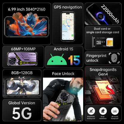 2025 New All Weather Mobile Phone With 5G Support Outdoor Use 6.99-Inch OLED Display Water and Drop Resistant 108MP Camera
