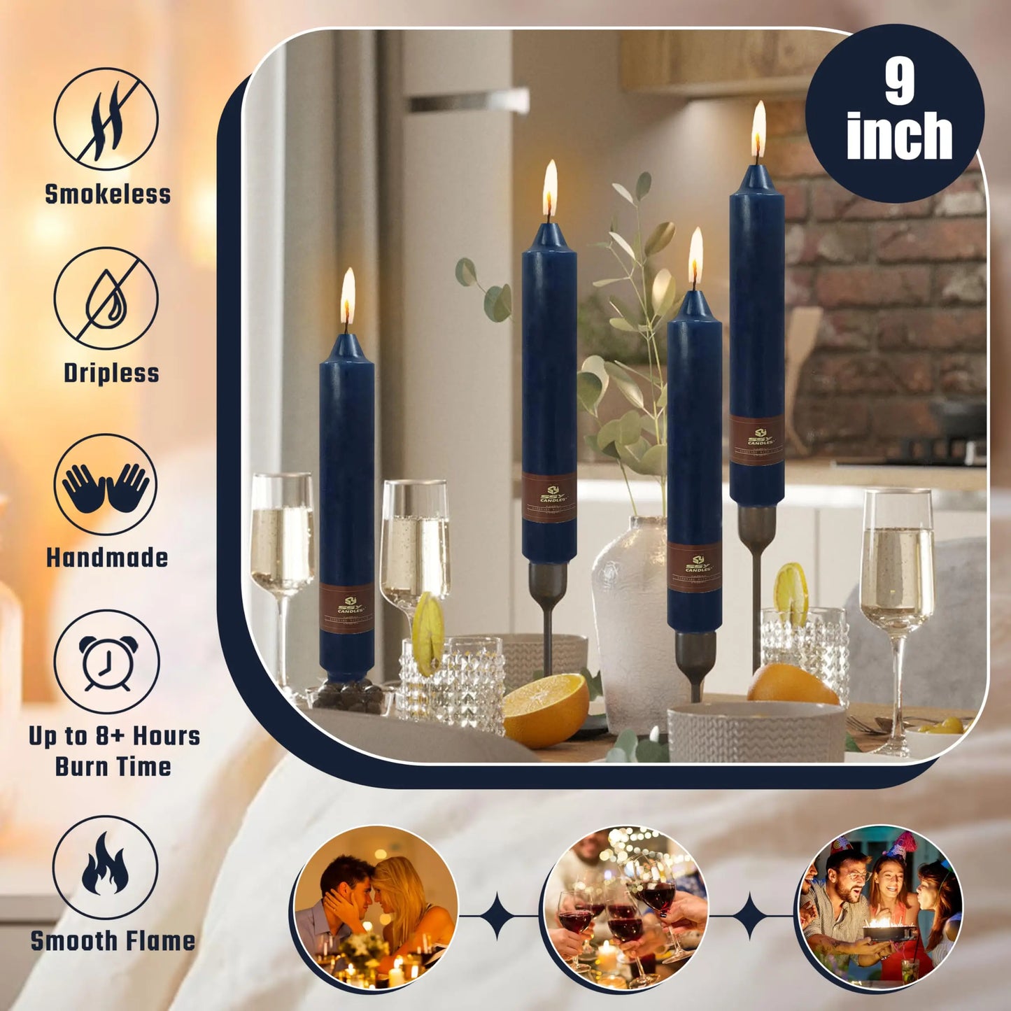 9 Inch Pillar Candle Candlesticks Unscented Dripless Dark Blue Tapered Candle Set for Halloween Thanksgiving Home Decor, 4 Pack