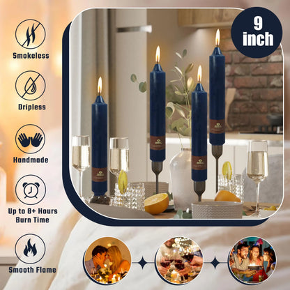 9 Inch Pillar Candle Candlesticks Unscented Dripless Dark Blue Tapered Candle Set for Halloween Thanksgiving Home Decor, 4 Pack