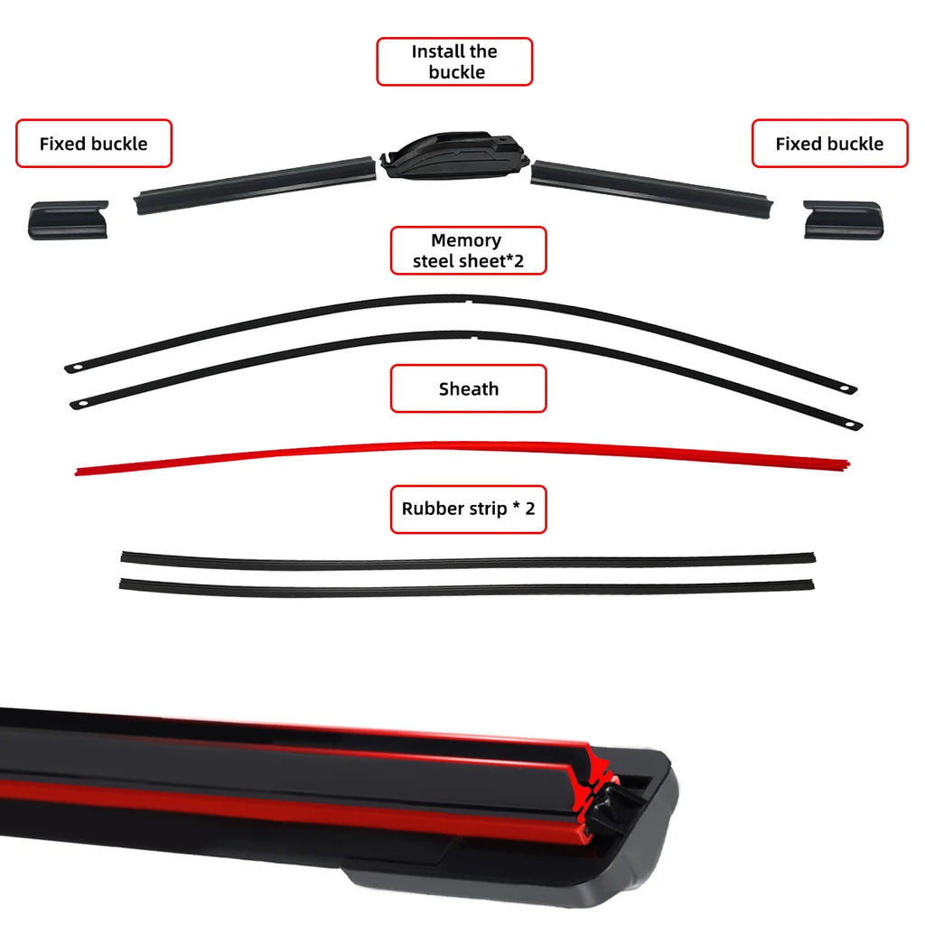 1PC Universal double rubber strip J/U-shaped wiper blade, front wiper glass cleaner wiping blade