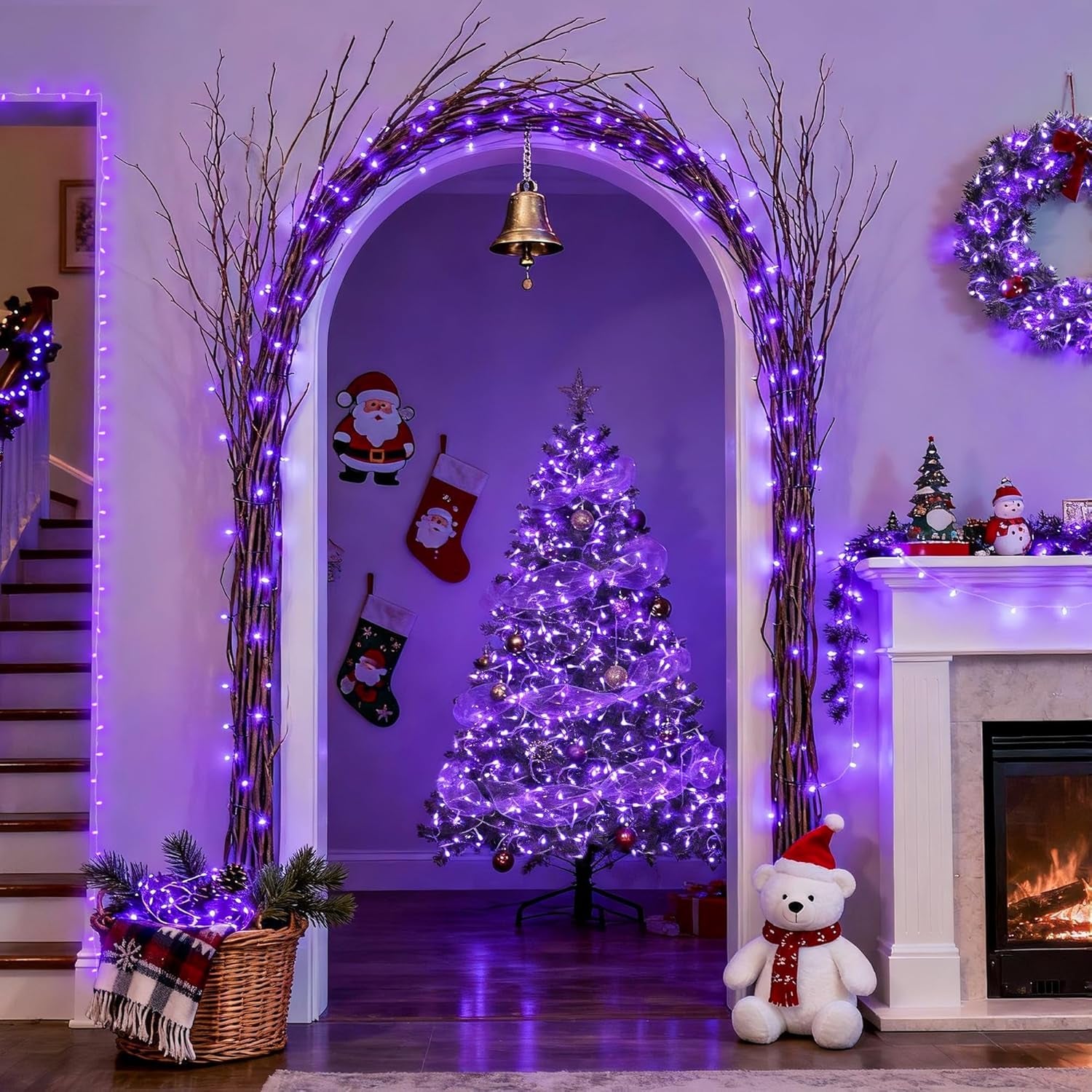 Connectable 100 LED Purple Christmas Lights Indoor, 8 Modes Plug in Purple String Lights Clear Wire, 33Ft Christmas Tree Light Outdoor for Xmas Tree, Garden, Bedroom